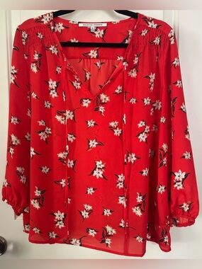 Collective Concepts Red Floral Blouse XL Flowy Peasant Boho Top Lightweight